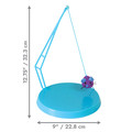 Blue hanging cat toy with dangling purple plush and bell. Shown with product dimensions