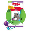 Blue hanging cat toy with dangling purple plush and bell. Shown in its retail packaging.