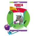 Blue hanging cat toy with dangling purple plush and bell. Shown in its retail packaging.