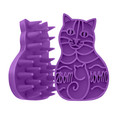 Purple silicone grooming brush shaped like a cat.
