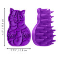 Purple silicone grooming brush shaped like a cat. Shown with product dimensions