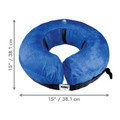 Blue circular plush inflated collar with attached black strap. Shown with product dimensions