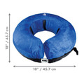 Blue circular plush inflated collar with attached black strap. Shown with product dimensions