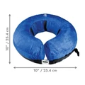 Blue circular plush inflated collar with attached black strap. Shown with product dimensions
