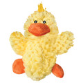 Yellow duck plush toy with orange beak and feet.