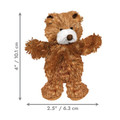 Brown teddy bear plush toy with classic round ears. Shown with product dimensions