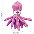 Pink octopus plush toy with soft corduroy tentacles. Shown with product dimensions