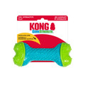 Blue bone-shaped dog toy with green ends. Shown in its retail packaging.