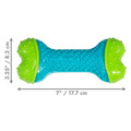 Blue bone-shaped dog toy with green ends. Shown with product dimensions
