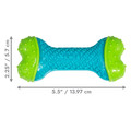 Blue bone-shaped dog toy with green ends. Shown with product dimensions