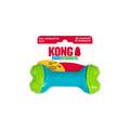 Blue bone-shaped dog toy with green ends. Shown in its retail packaging.