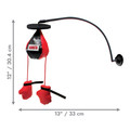 Black and red punching bag with red dangling boxing gloves with a pole and suction attached.  Shown with product dimensions