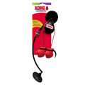 Black and red punching bag with red dangling boxing gloves with a pole and suction attached.  Shown in its retail packaging.
