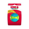 Blue and green ball-shaped dog toy with textured panels. Shown in its retail packaging.
