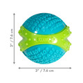 Blue and green ball-shaped dog toy with textured panels. Shown with product dimensions