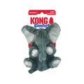 Gray elephant-shaped dog toy with soft fabric texture in seated position.  Shown in its retail packaging.