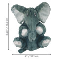 Gray elephant-shaped dog toy with soft fabric texture in seated position.  Shown with product dimensions