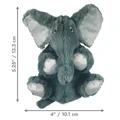Gray elephant-shaped dog toy with soft fabric texture in seated position.  Shown with product dimensions