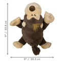 Brown and beige monkey shaped dog-shaped toy with floppy ears. Shown with product dimensions