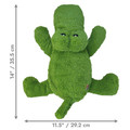 Green alligator-shaped dog toy with soft plush material. Shown with product dimensions