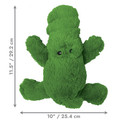 Green alligator-shaped dog toy with soft plush material. Shown with product dimensions