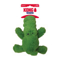 Green alligator-shaped dog toy with soft plush material. Shown in its retail packaging.
