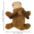 Brown and beige moose-shaped toy with small antlers and soft body. Shown with product dimensions