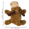 Brown and beige moose-shaped toy with small antlers and soft body. Shown with product dimensions