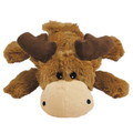 Brown and beige moose-shaped toy with small antlers and soft body.
