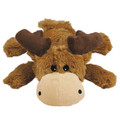 Brown and beige moose-shaped toy with small antlers and soft body.
