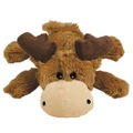 Brown and beige moose-shaped toy with small antlers and soft body.