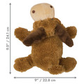 Brown and beige moose-shaped toy with small antlers and soft body. Shown with product dimensions