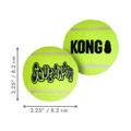 Neon green tennis ball dog toy with KONG printed. Shown with product dimensions