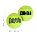 Neon green tennis ball dog toy with KONG printed. Shown with product dimensions
