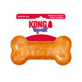 Green bone-shaped dog toy with textured ridges. Shown in its retail packaging.