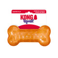 Green bone-shaped dog toy with textured ridges. Shown in its retail packaging.