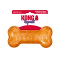 Green bone-shaped dog toy with textured ridges. Shown in its retail packaging.