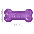 Green bone-shaped dog toy with textured ridges. Shown with product dimensions