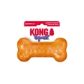 Pink  bone-shaped dog toy with textured ridges. Shown in its retail packaging.