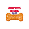 Pink  bone-shaped dog toy with textured ridges. Shown in its retail packaging.
