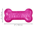 Pink  bone-shaped dog toy with textured ridges. Shown with product dimensions