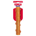 Orange stick-shaped dog toy with grip texture. Shown in its retail packaging.