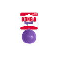 Blue natural rubber ball dog toy with smooth surface. Shown in its retail packaging.