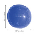 Blue natural rubber ball dog toy with smooth surface. Shown with product dimensions