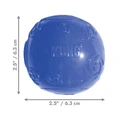 Blue natural rubber ball dog toy with smooth surface. Shown with product dimensions