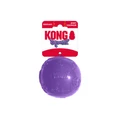 Blue natural rubber ball dog toy with smooth surface. Shown in its retail packaging.