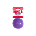 Blue natural rubber ball dog toy with smooth surface. Shown in its retail packaging.