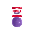 Blue natural rubber ball dog toy with smooth surface. Shown in its retail packaging.