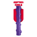 Purple stick-shaped dog toy with raised bumps. Shown in its retail packaging.