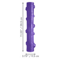 Purple stick-shaped dog toy with raised bumps. Shown with product dimensions